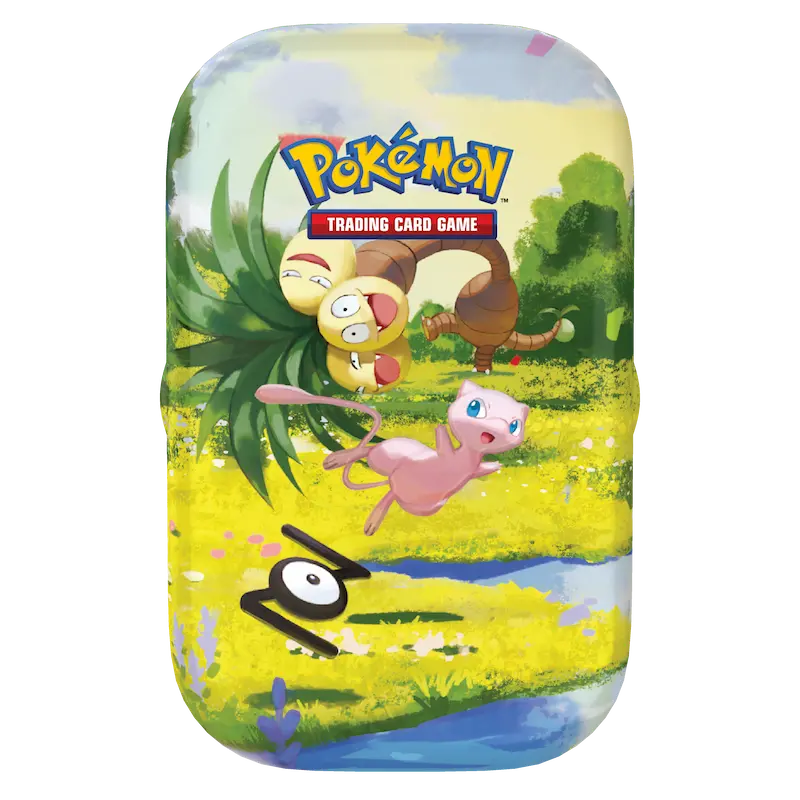 Pokémon 30th Celebration Mini Tin featuring playful Pokémon in a vibrant landscape.