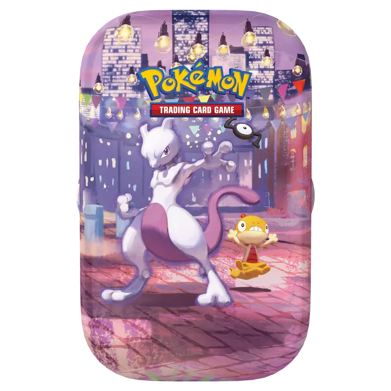 30th Celebration Mini Tin featuring Mewtwo and Scraggy in a colorful Pokémon-themed setting.