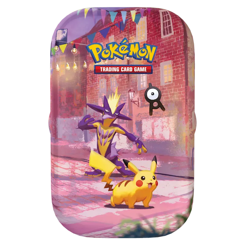 30th Celebration Mini Tin featuring Pikachu and an electric Pokémon in a vibrant street scene.