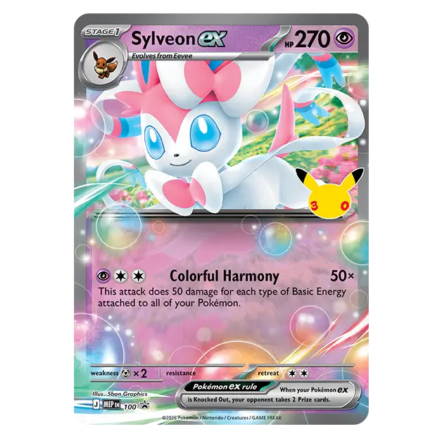 30th Celebration Sylveon Collection Pokémon card showcasing Sylveon ex with colorful design and attack details.