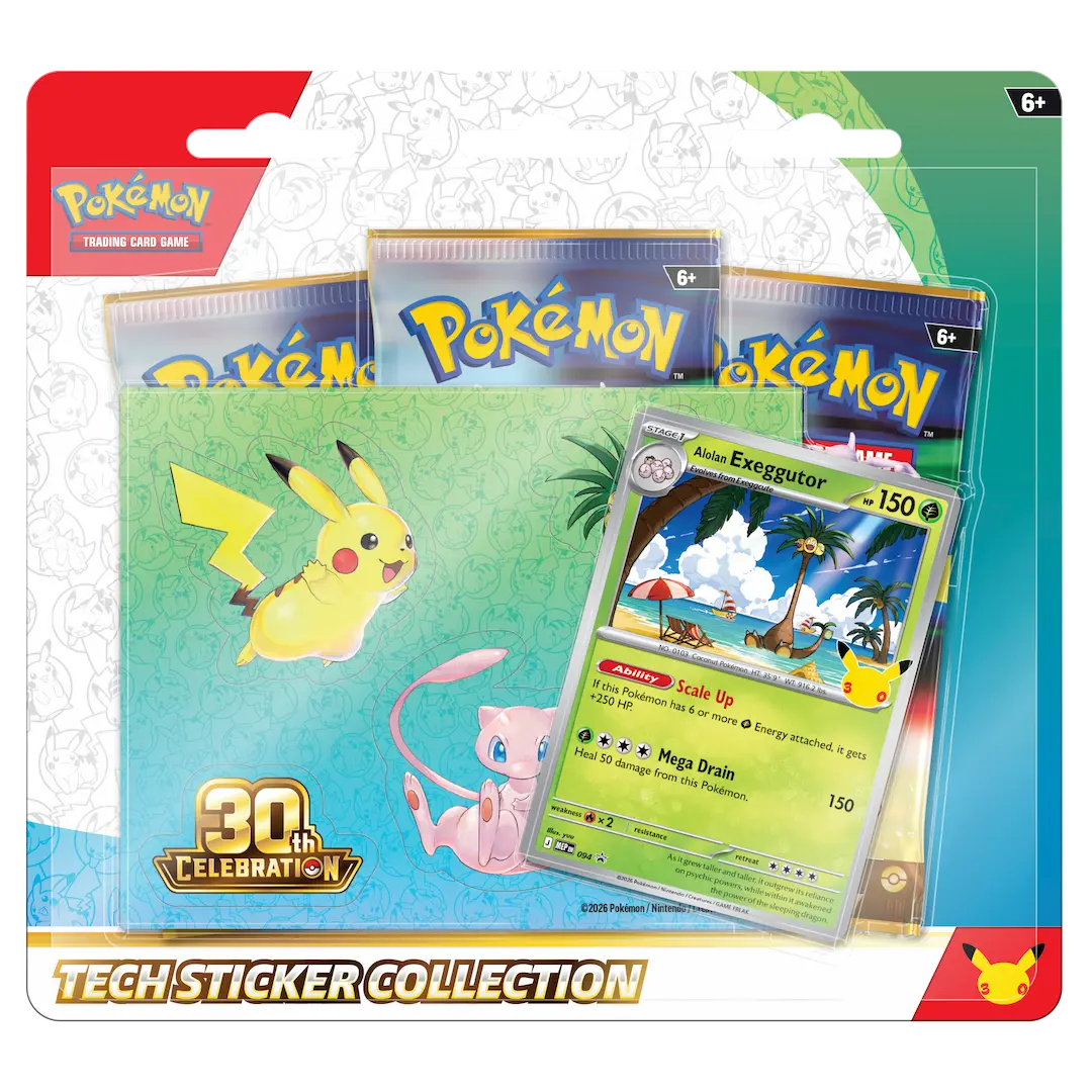 30th Celebration 3-Pack Blister Exeggutor with Pokémon cards and tech stickers, perfect for trainers.