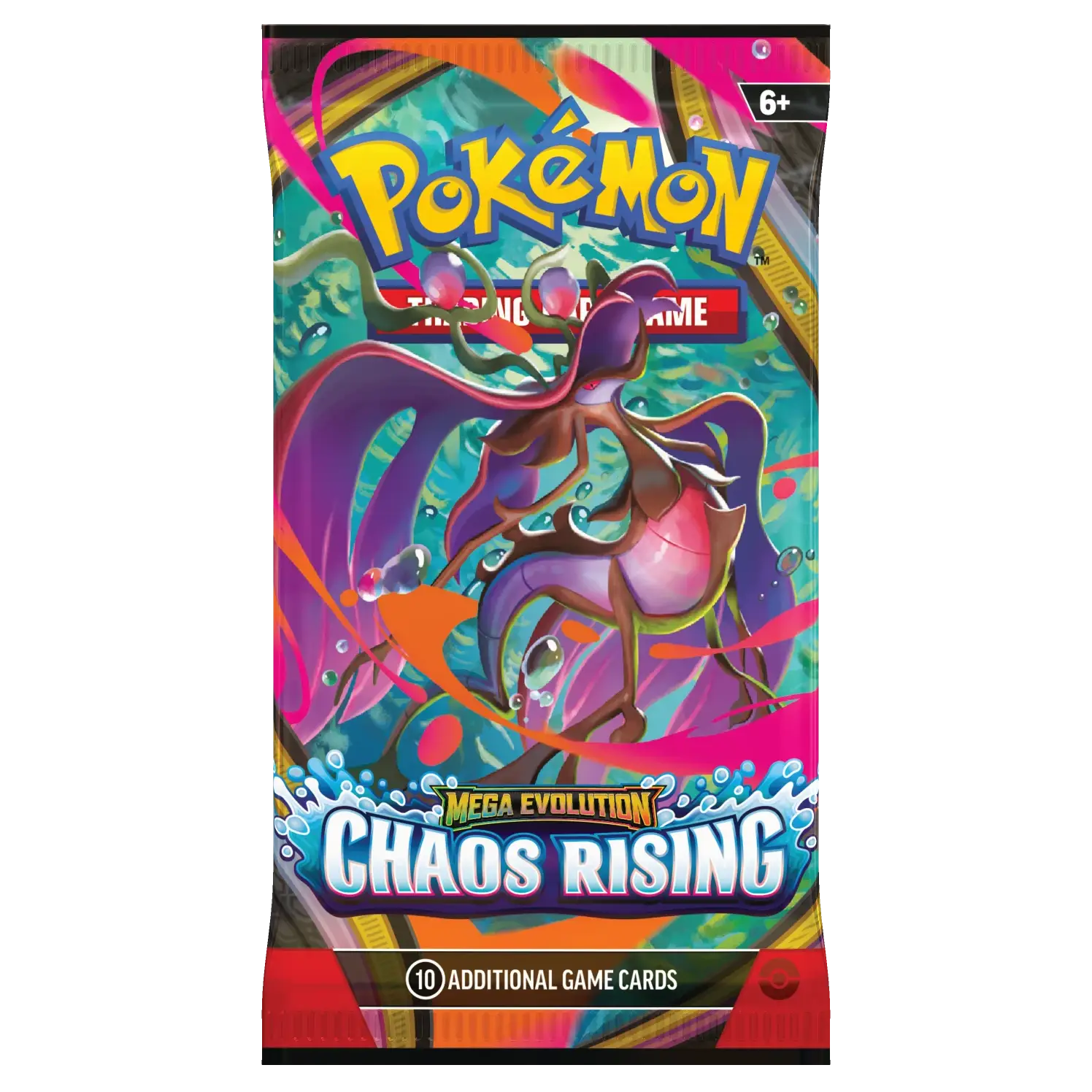Pokémon Mega Evolution Chaos Rising Booster Pack featuring vibrant artwork and 10 additional game cards.