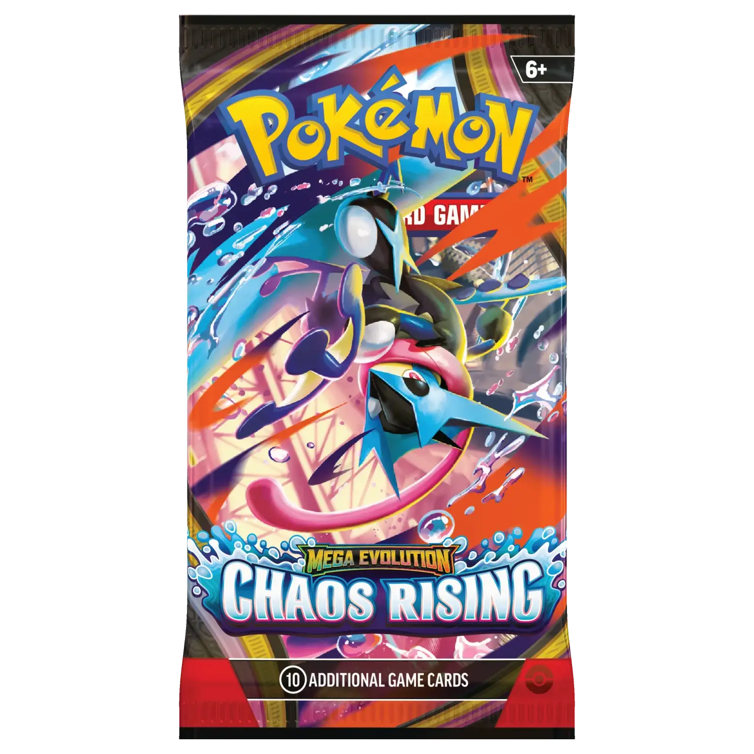 Pokémon Mega Evolution Chaos Rising Booster Pack featuring dynamic artwork and game cards.