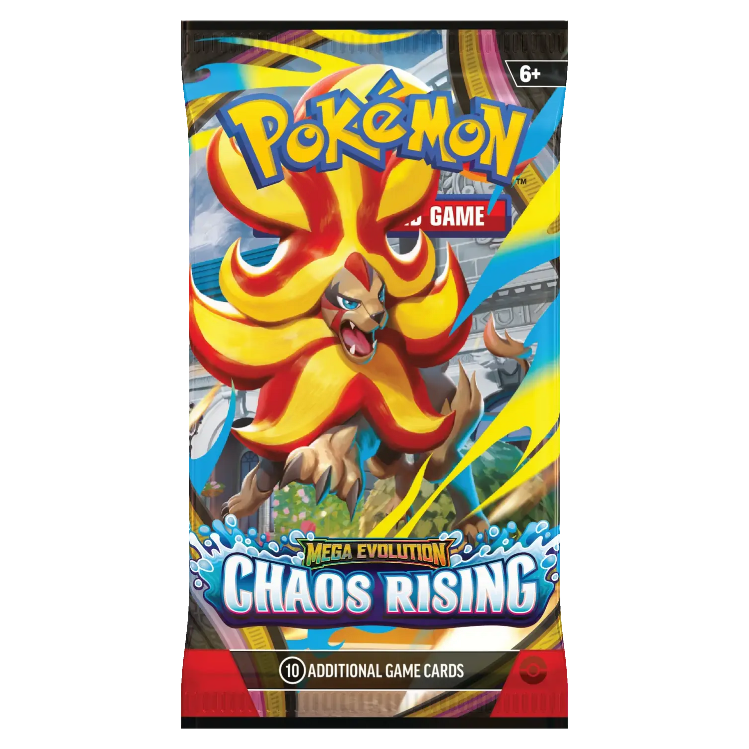 Pokémon Mega Evolution Chaos Rising Booster Pack featuring powerful Pokémon and vibrant artwork.