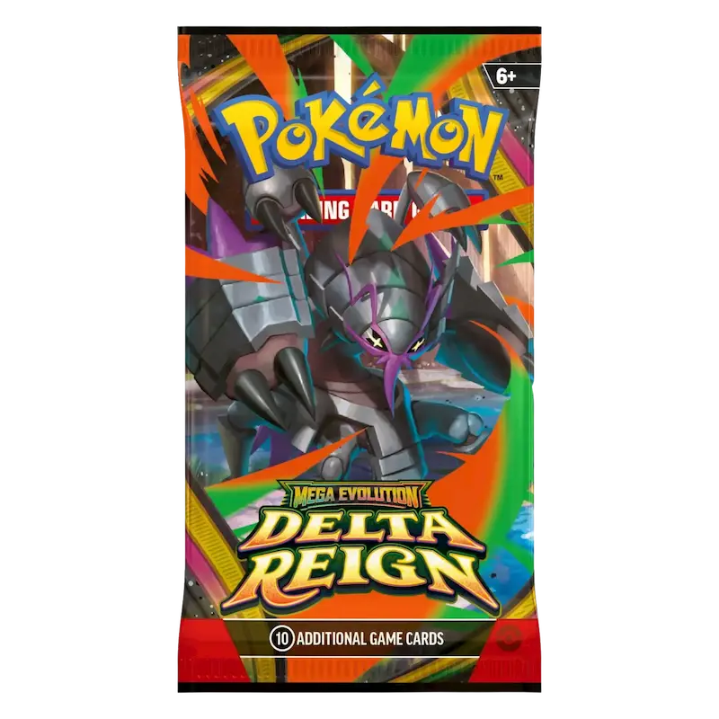 Delta Reign 3-Pack Blister (Live-stream) Pokemon card pack featuring Mega Rayquaza and colorful design.