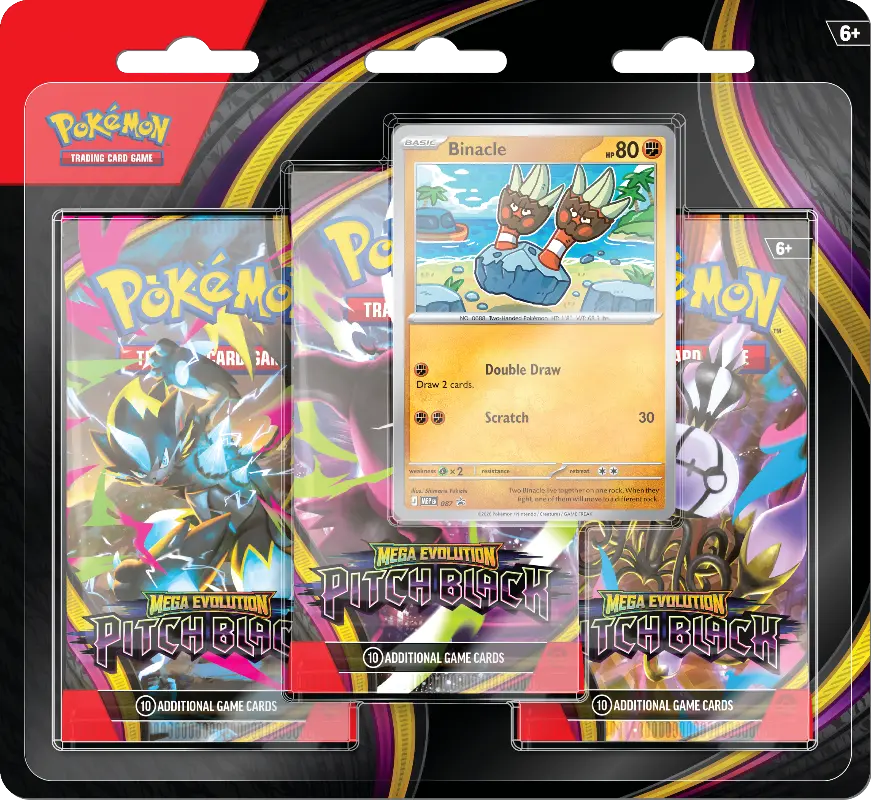 Pitch Black 3-Pack Blister featuring three booster packs and a Binacle promo card.
