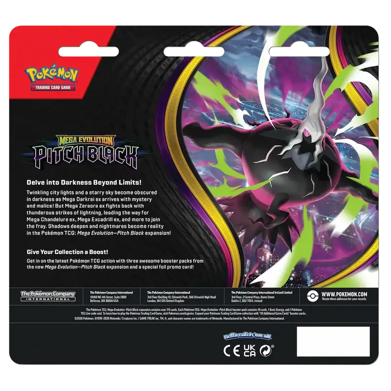 Pokémon TCG Mega Evolution Pitch Black 3-Pack Blister back design showcasing Mega Darkrai ex.