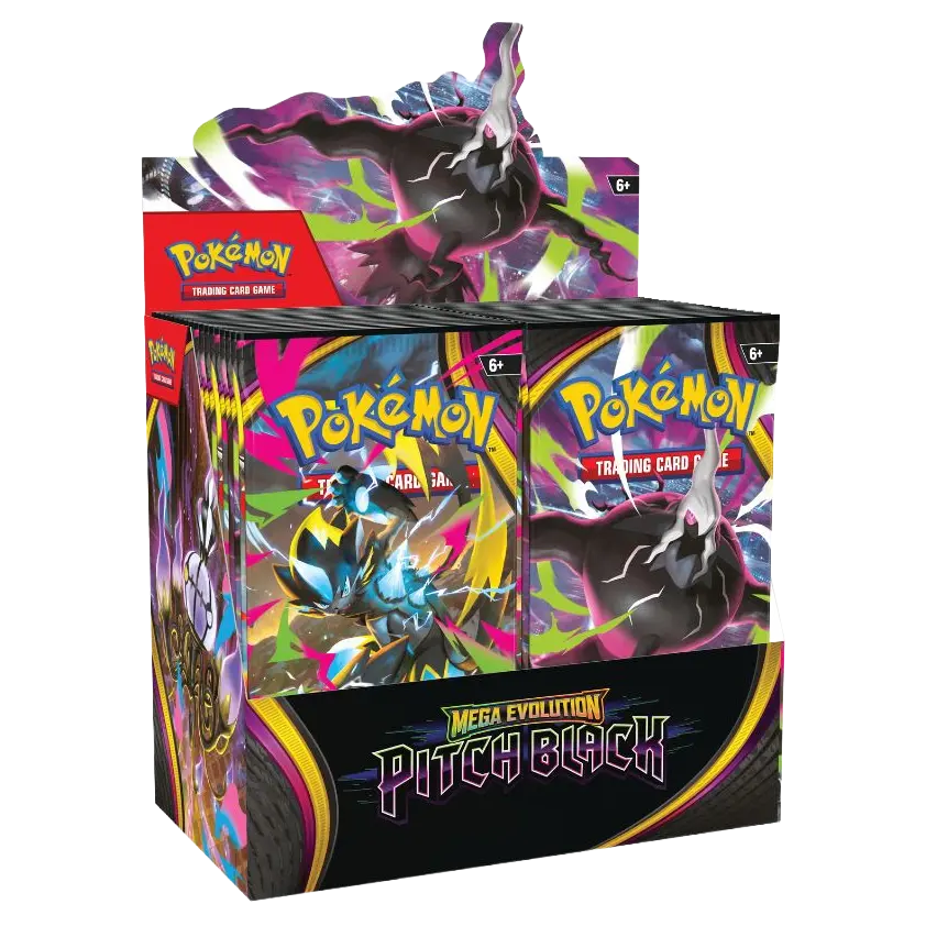 Pokémon TCG Mega Evolution Pitch Black Booster Box featuring vibrant artwork and multiple booster packs.