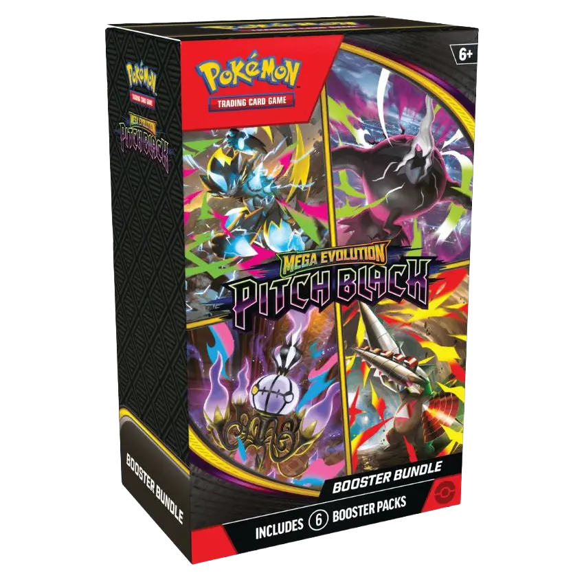 Pokémon TCG Mega Evolution Pitch Black Booster Bundle featuring vibrant artwork and six booster packs.