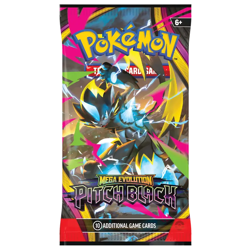 Pokémon TCG Mega Evolution Pitch Black Booster Box featuring vibrant artwork and 10 additional game cards.