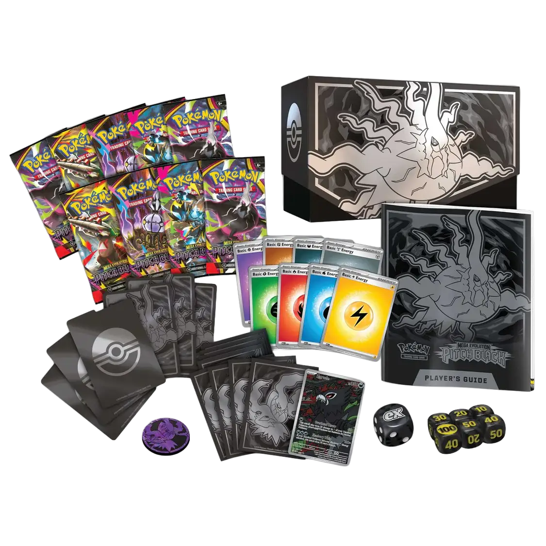 Pitch Black Elite Trainer Box featuring booster packs, cards, dice, and player's guide for Pokémon TCG.