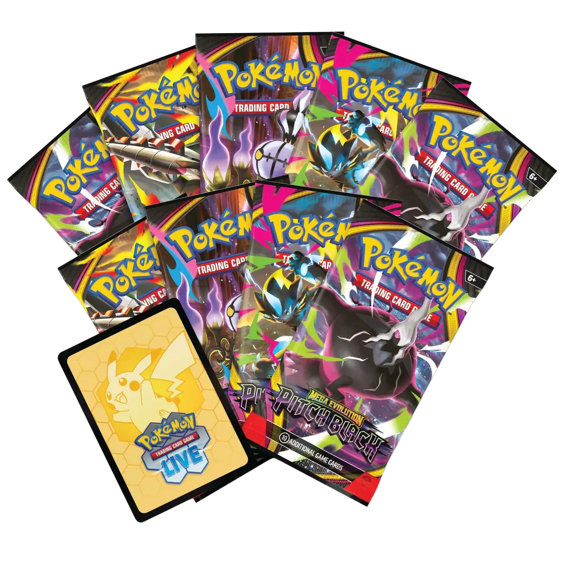 Pitch Black Elite Trainer Box featuring Pokémon trading cards and a Pikachu card for Pokémon TCG enthusiasts.