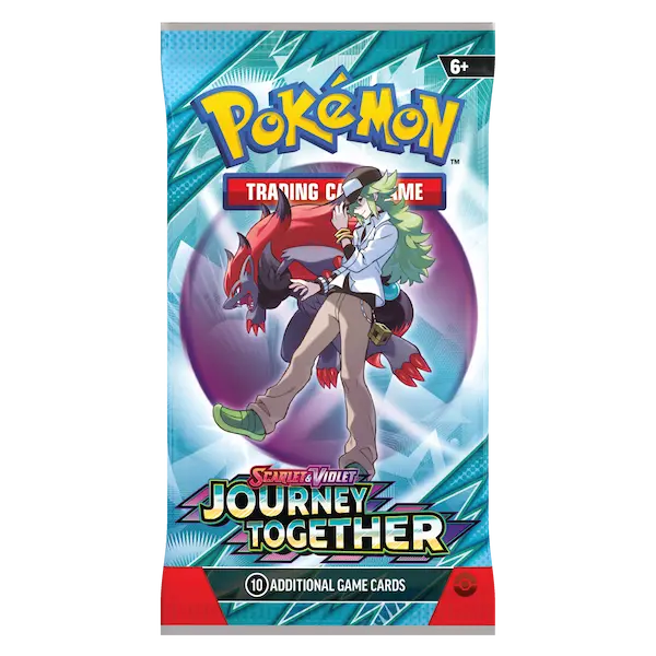 Pokémon Scarlet & Violet Journey Together booster pack featuring trainer and Pokémon, 10 additional game cards.