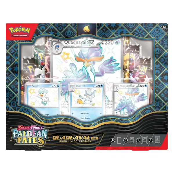 Quaquaval EX Premium Collection featuring shiny Pokémon Quaxly and Tinkaton from Pokémon TCG Scarlet & Violet Paldean Fates.