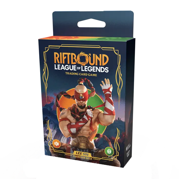 Riftbound Origins Lee Sin Deck packaging showcasing the Champion Deck for the League of Legends Trading Card Game.