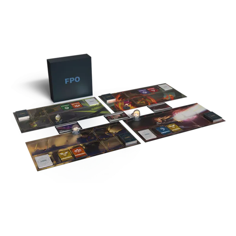 Riftbound Origins Proving Grounds game setup with starter decks and cards from League of Legends universe.