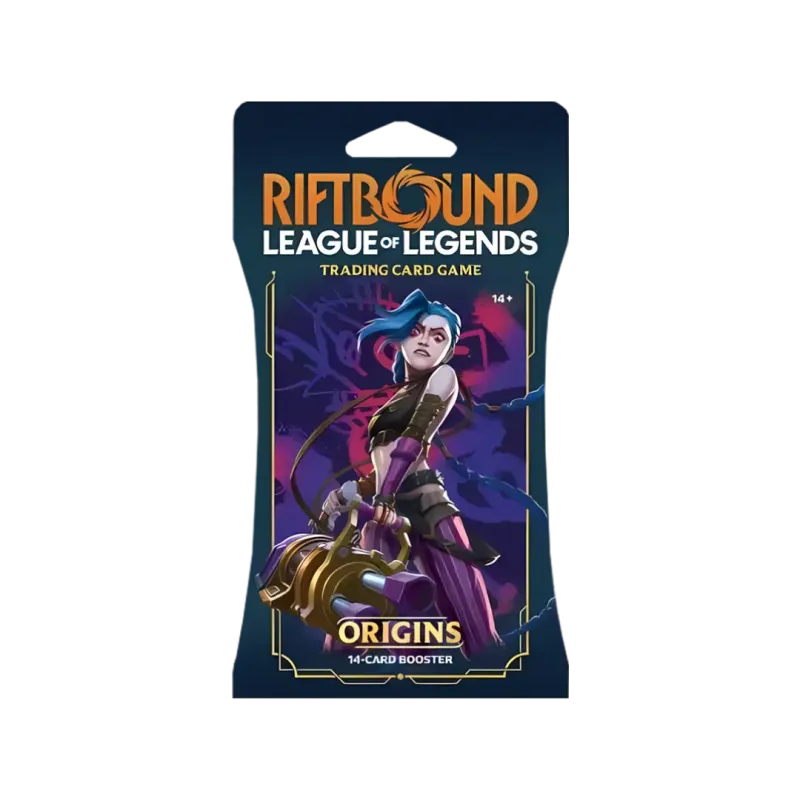 Riftbound Origins Sleeved Booster pack featuring a character from League of Legends, 14 cards per pack.