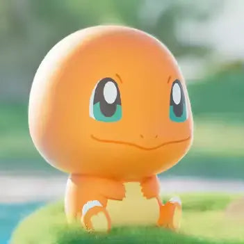 Pokémon Mini Figure Blind Box featuring an adorable Charmander mini figure on a grassy background.