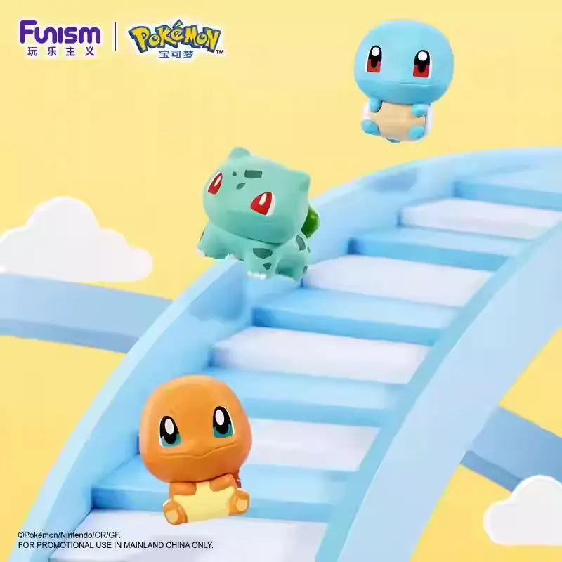Pokémon Mini Figure Blind Box featuring Squirtle, Bulbasaur, and Charmander on a colorful slide.