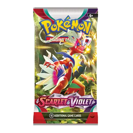 Pokémon Scarlet & Violet Booster Pack featuring vibrant art and 10 additional game cards from the SV01 base set.