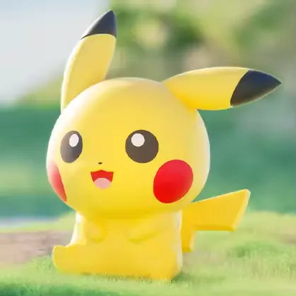 Pokémon Mini Figure Blind Box featuring a cute Pikachu figure sitting happily on grass.