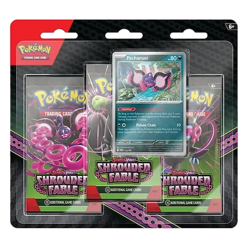 Pokémon Shrouded Fable 3 Pack Blister with promo Pecharunt card and 3 booster packs, SV06.5 collection.