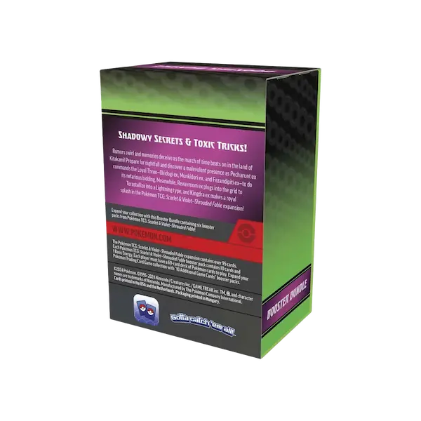 Pokémon Shrouded Fable Booster Bundle box displaying 'Shadowy Secrets & Toxic Tricks!' for Scarlet & Violet SV06.5.