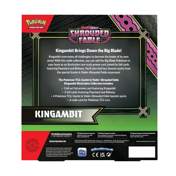 Pokémon Shrouded Fable Kingambit Collection box back, featuring promo cards and booster packs, perfect for collectors.