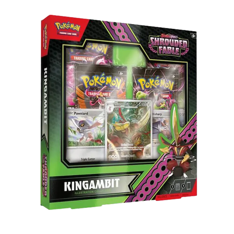 Pokémon Shrouded Fable Kingambit Collection box with booster packs and promo cards, SV06.5 live stream opening.