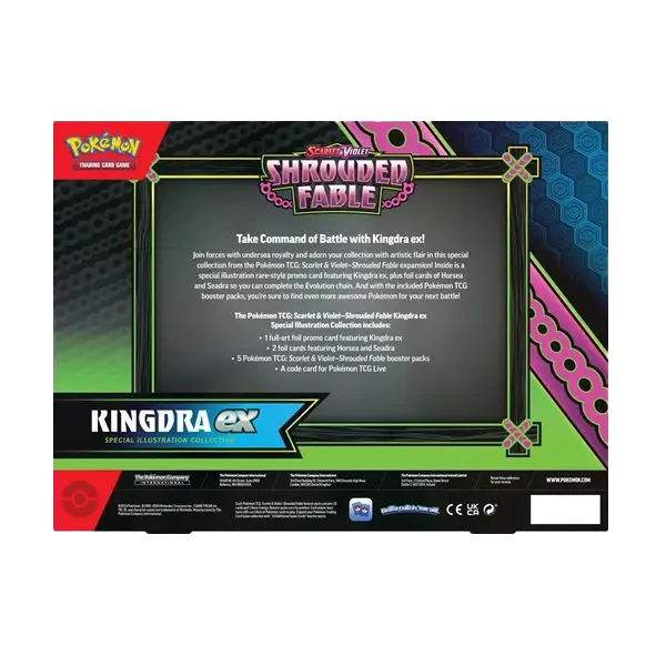 Pokémon Shrouded Fable Kingdra EX collection box back, featuring product details and booster pack info.