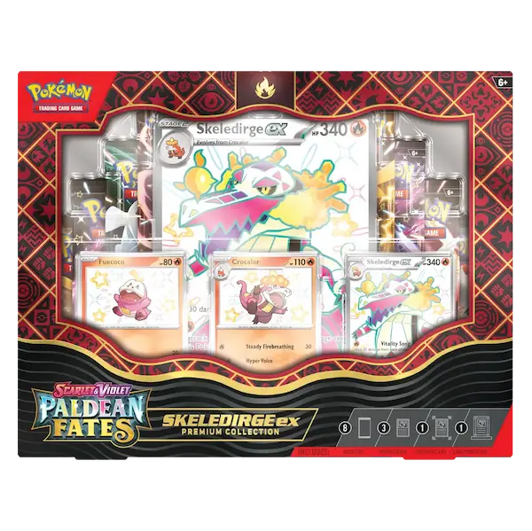 Skeledirge EX Premium Collection featuring shiny Pokémon cards and collectible packs from the Pokémon TCG.
