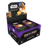 Secrets of Power Booster Box displaying 24 booster packs featuring characters from the Star Wars galaxy.