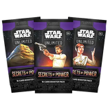 Secrets of Power Booster Box showcasing three Star Wars Unlimited booster packs featuring different characters.