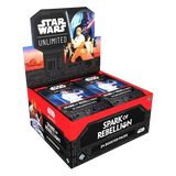 Spark of Rebellion Booster Box featuring 24 booster packs for Star Wars Unlimited.