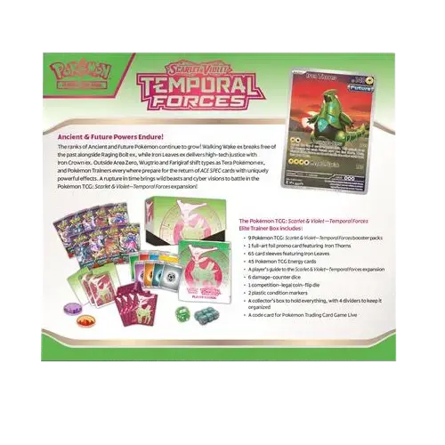 Pokémon SV05 Temporal Forces Elite Trainer Box with Walking Wake and Flutter Mane promo card, boosters, and game accessories.