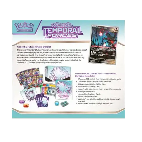 Pokémon SV05 Temporal Forces Elite Trainer Box showcasing Walking Wake, promo card, boosters, and more.