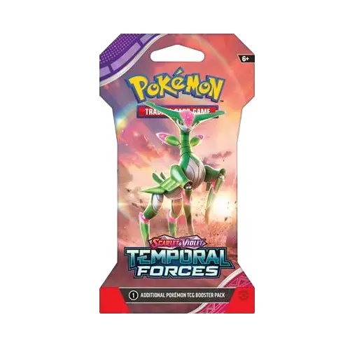 Pokémon SV05 Temporal Forces Sleeved Booster with futuristic Pokémon design and vibrant colors.