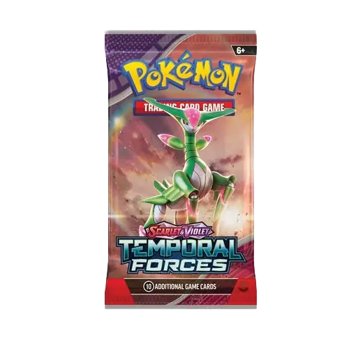 Pokémon Temporal Forces Booster Pack featuring 10 cards from the Pokémon SV05 series.