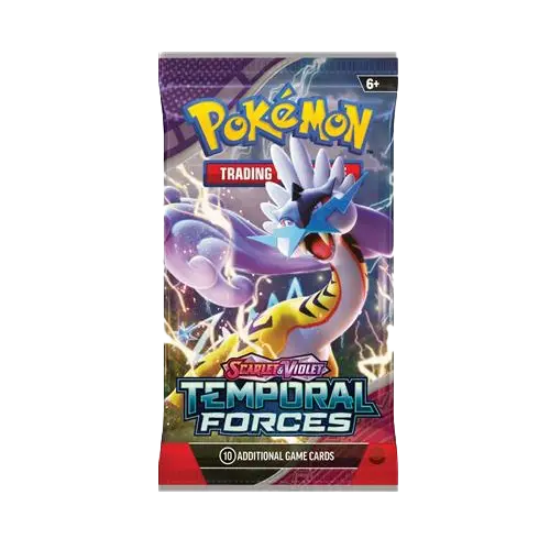 Pokémon SV05 Temporal Forces booster pack featuring artwork and text for 10 additional game cards.