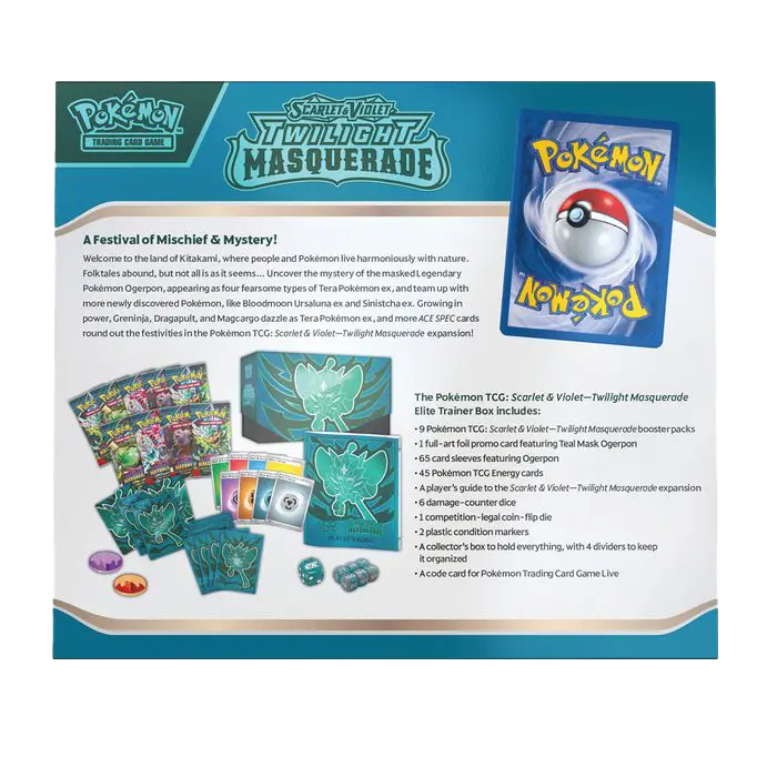Pokémon Twilight Masquerade Elite Trainer Box contents overview with booster packs and accessories for live stream opening.