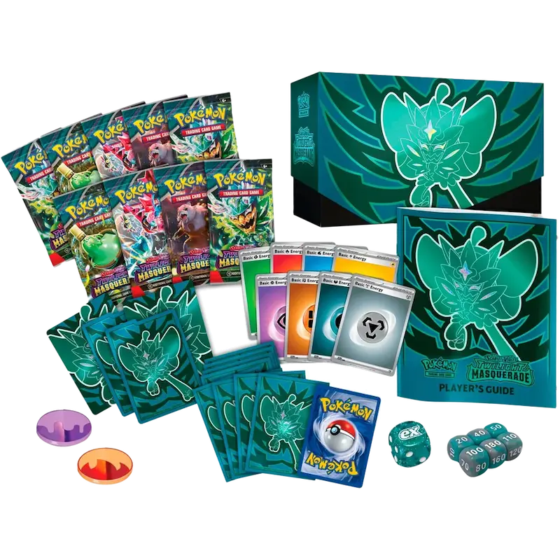 Pokémon Twilight Masquerade Elite Trainer Box with booster packs, player’s guide, and accessories for TCG enthusiasts.