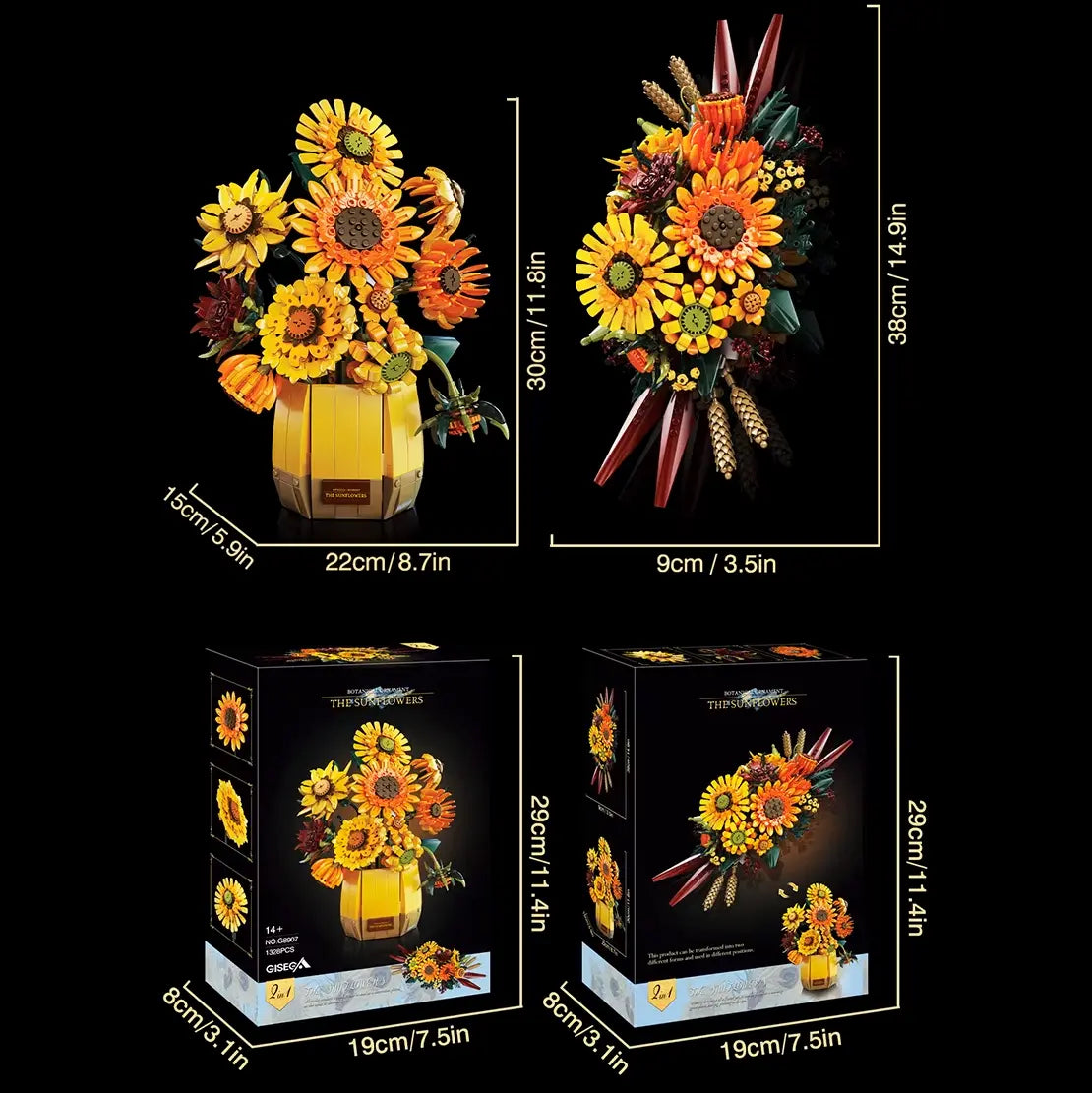 Van Gogh Sunflowers Building Bricks Set displayed with dimensions and packaging information.