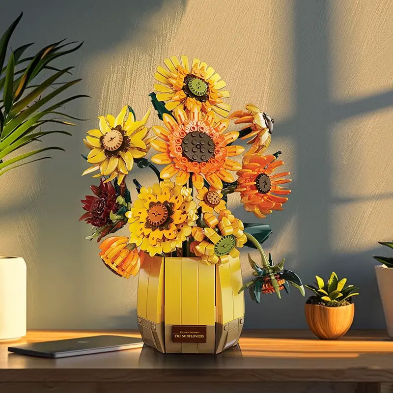 Van Gogh Sunflowers Building Bricks Set displayed in a home decor setting with vibrant yellow flowers.