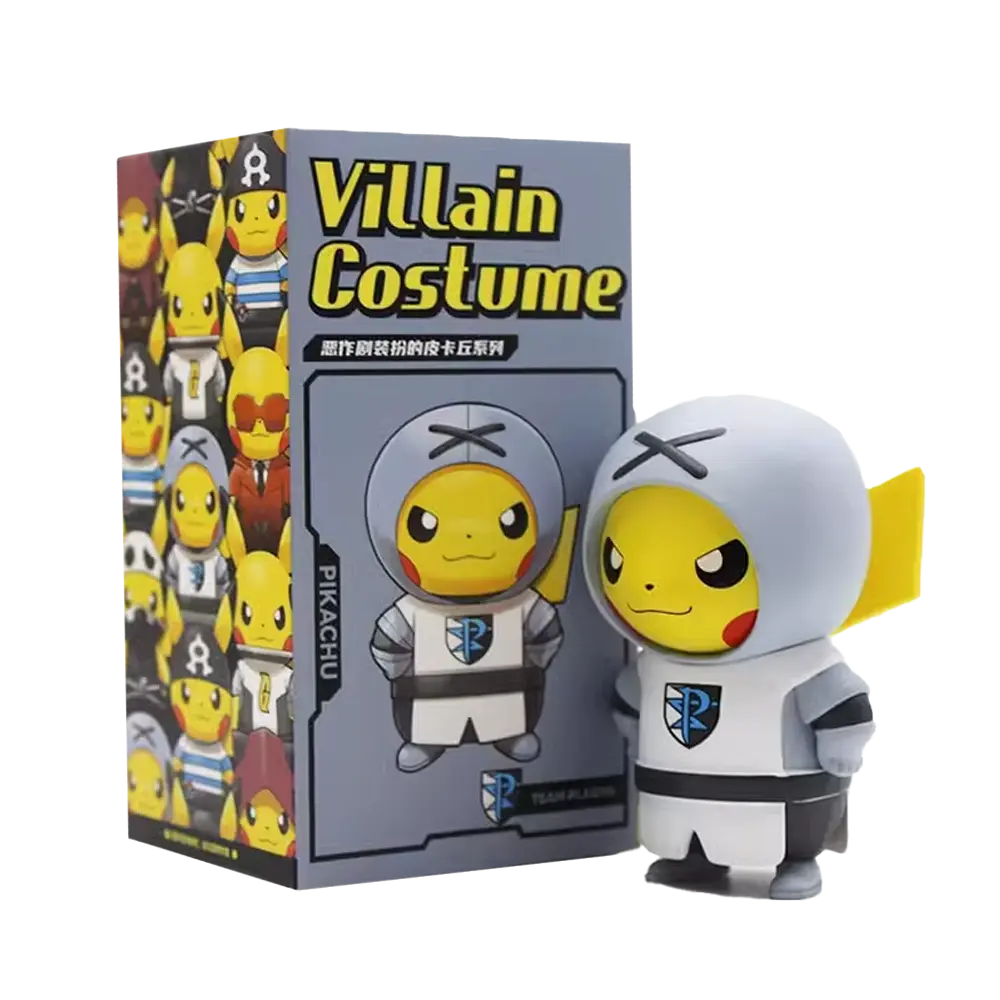 Team Plasma Pikachu figure in villain costume packaging with Pikachu figurine.