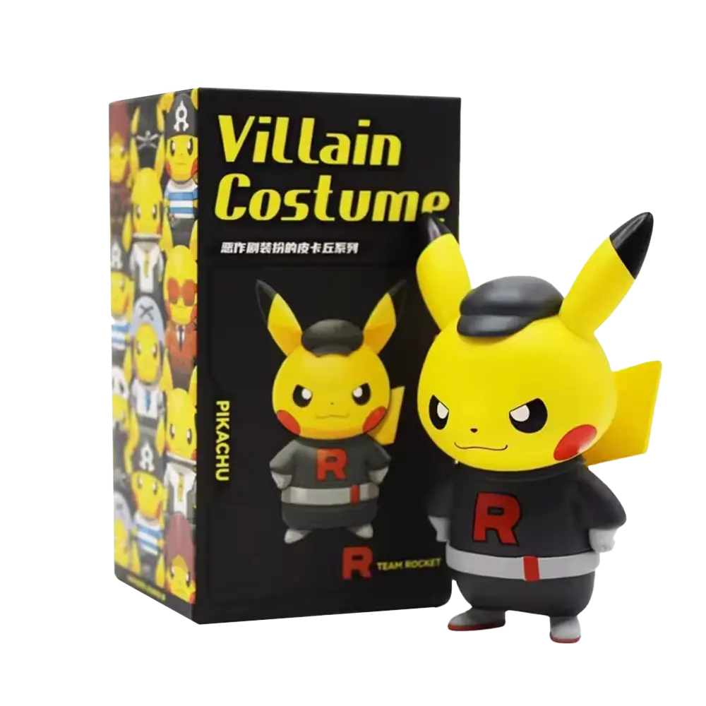 Team Rocket Pikachu figure in villain costume with box.