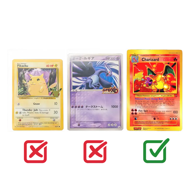 XXL Oversized Card Sleeves showcasing Pikachu, Rayquaza, and Charizard trading cards.