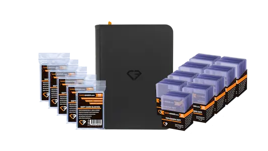 Premium card storage supplies with a black binder and multiple packs of protective card sleeves.