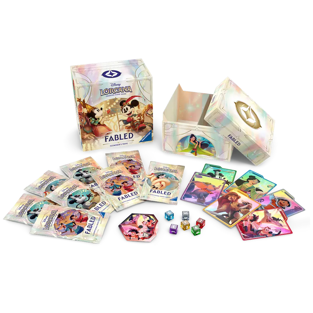 Fabled Illumineer's Trove featuring booster packs and cards from Disney Lorcana Fabled game.