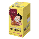 One Piece OP07: 500 Years in the Future Japanese Booster Box featuring Luffy and booster pack details.