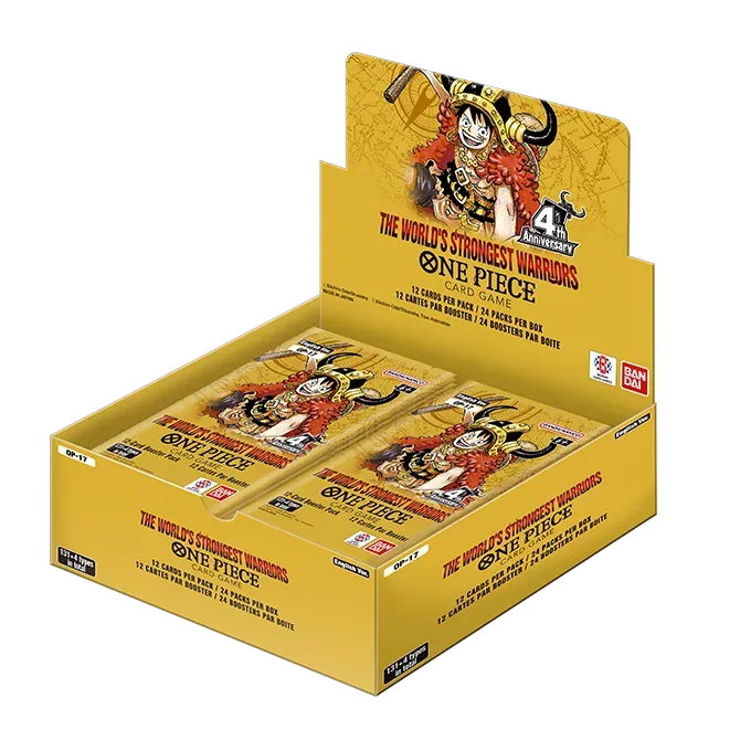 Booster-Box „The World's Strongest Warriors“ mit One Piece-Sammelkartenspiel-Packs und Display.